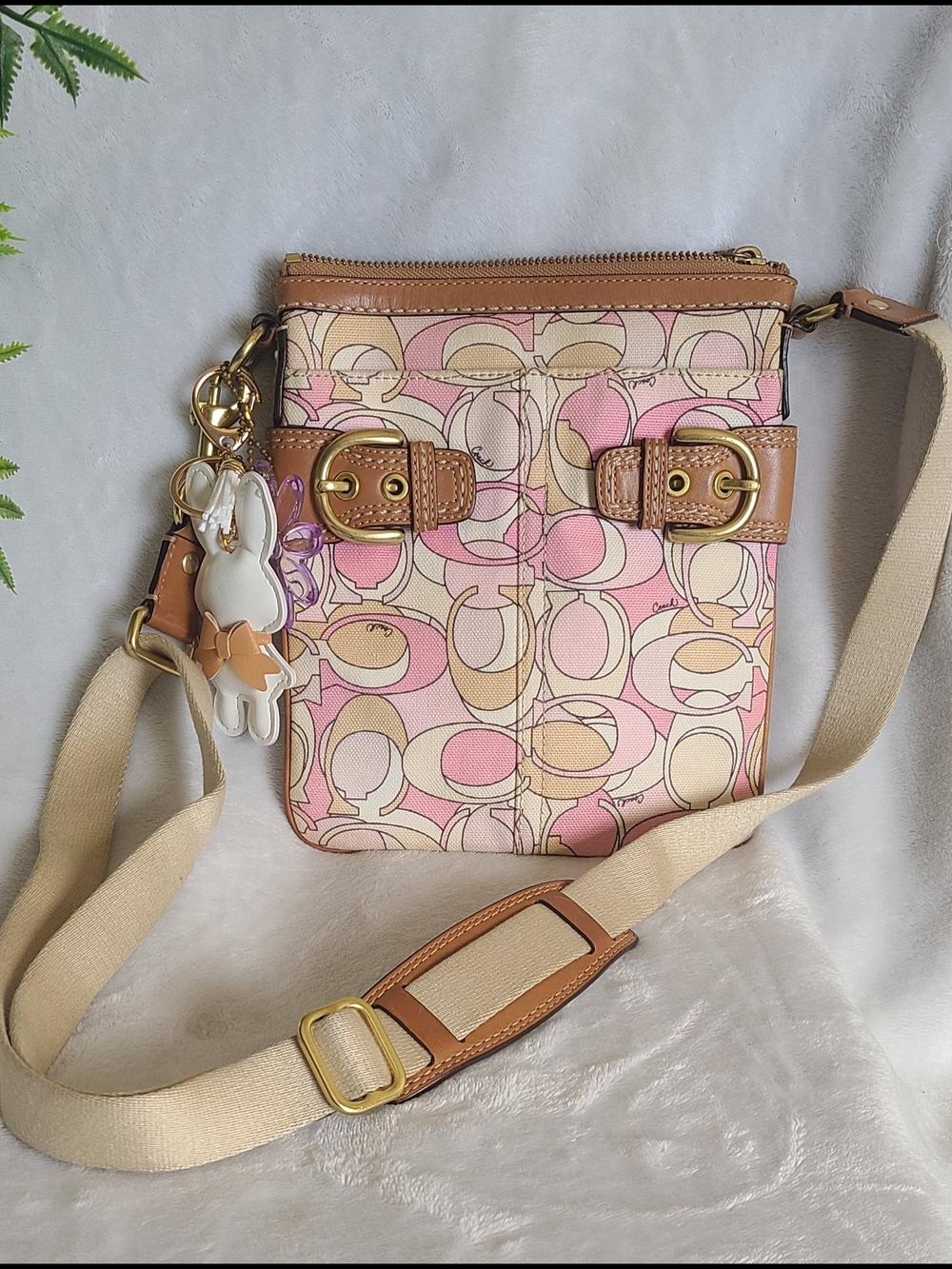 Coach Signature Print Pink and Tan Crossbody Bag